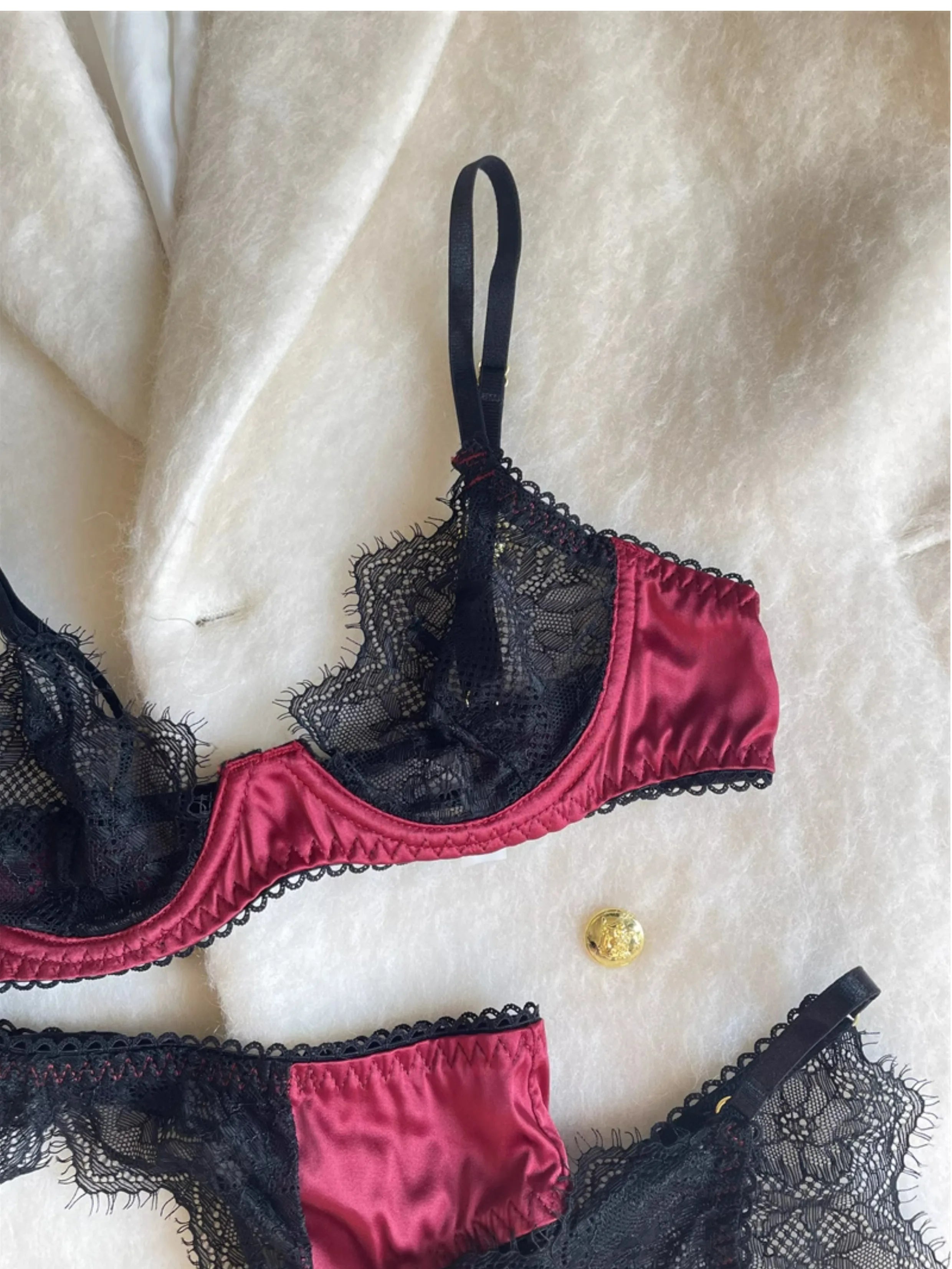 Sexy lace small breasts couple fun lingerie waistband panties three-piece Set