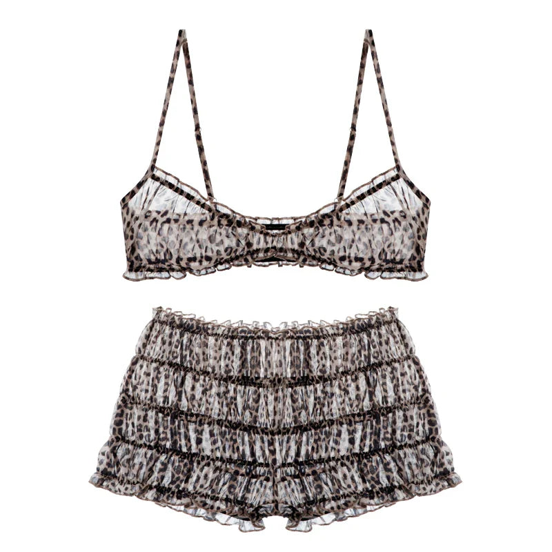 Sexy leopard print hottie lingerie women style printed mullet skirt bra pants Set