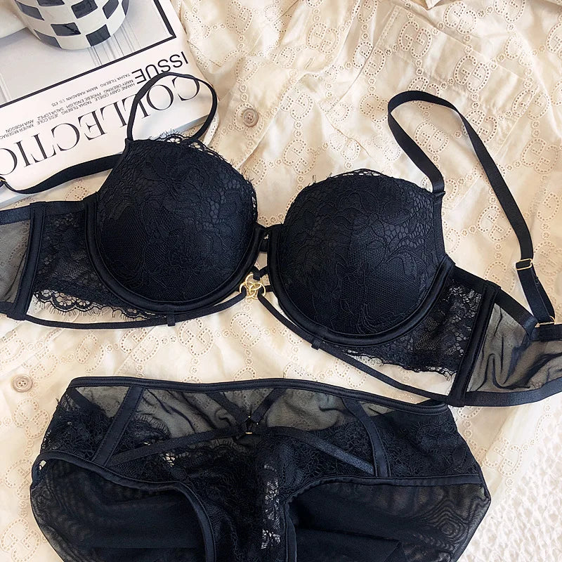 Sexy memory steel ring small chest gathered lace bra Set
