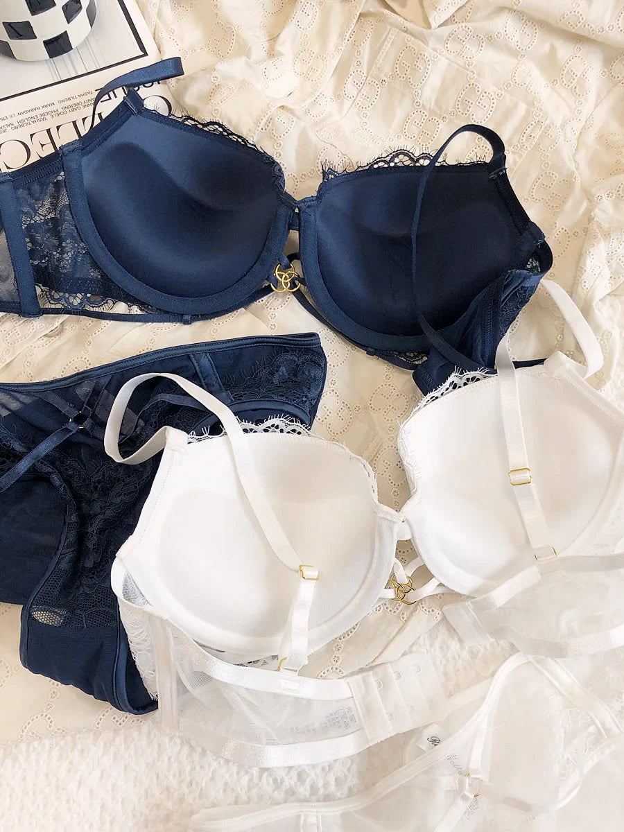 Sexy memory steel ring small chest gathered lace bra Set