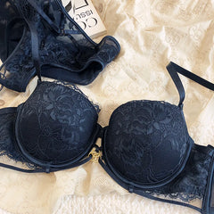 Sexy memory steel ring small chest gathered lace bra Set