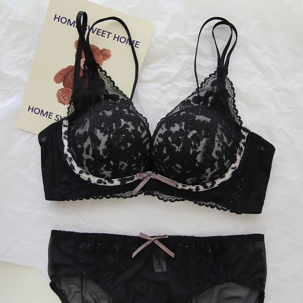 Sexy women's lingerie set. Wireless lace bra with double shoulder straps