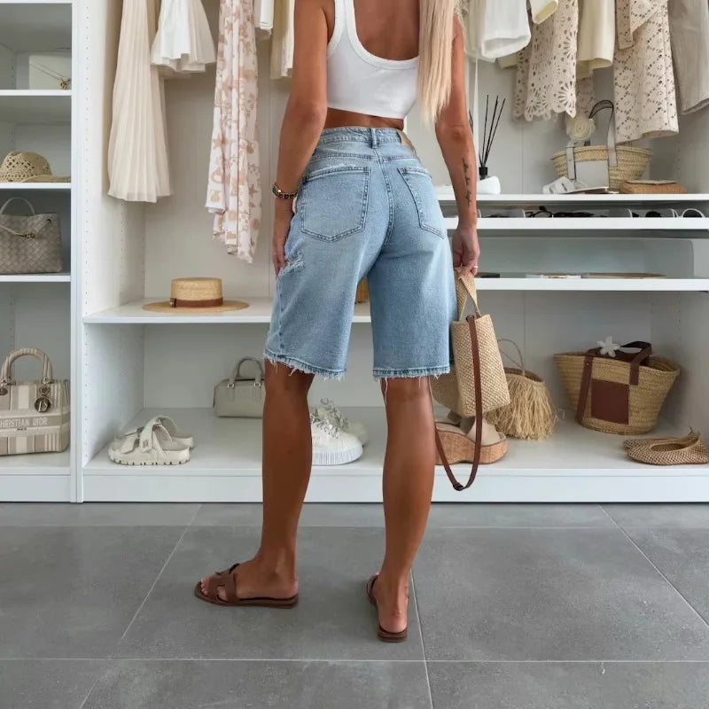 American Street Style Urban Leisure Loose Washed Hole Denim Shorts
