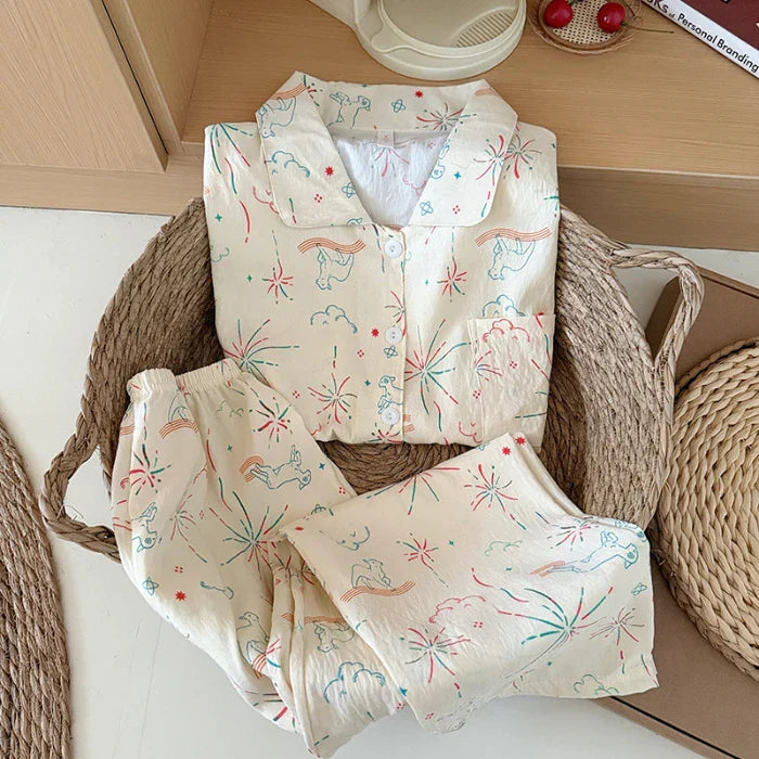 Sweet Cute Goose Print Korean Pajamas Nightwear Kawaii Casual Lapel Neck Y2K Pajamas Set Loungewear