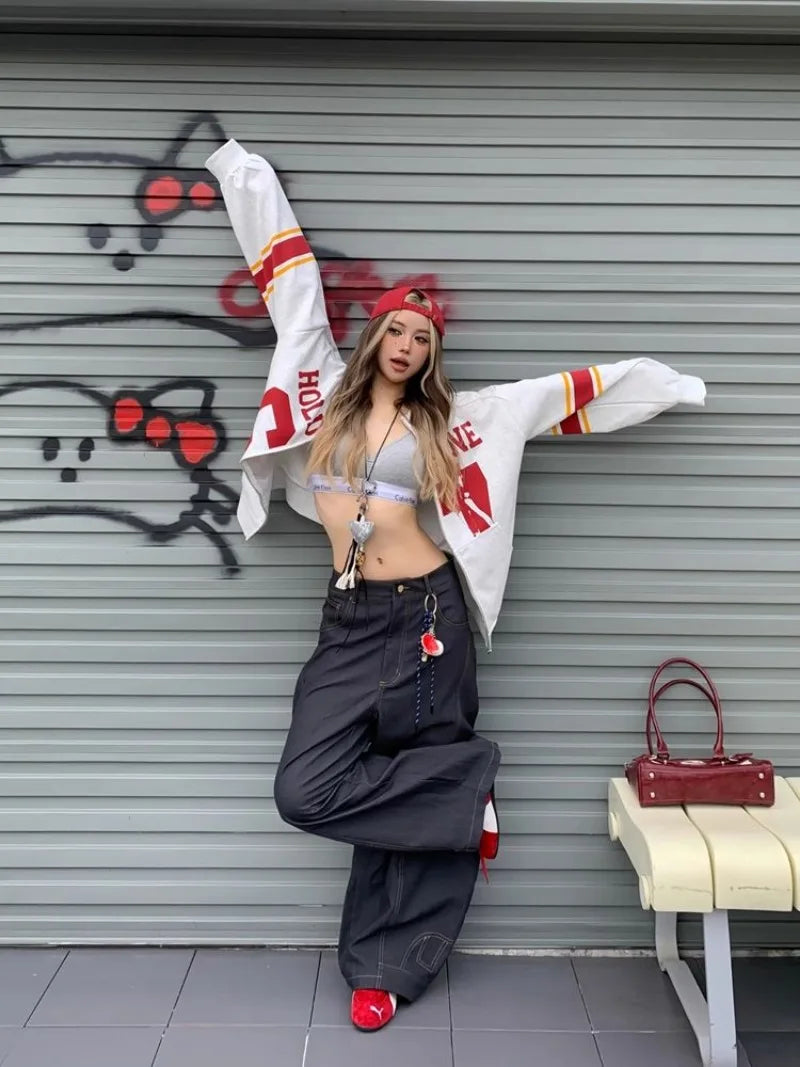 American Letter Embroidery Stitching Old Baggy Jeans Y2K Harajuku High Waist Wide Leg Trousers