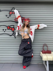 American Letter Embroidery Stitching Old Baggy Jeans Y2K Harajuku High Waist Wide Leg Trousers
