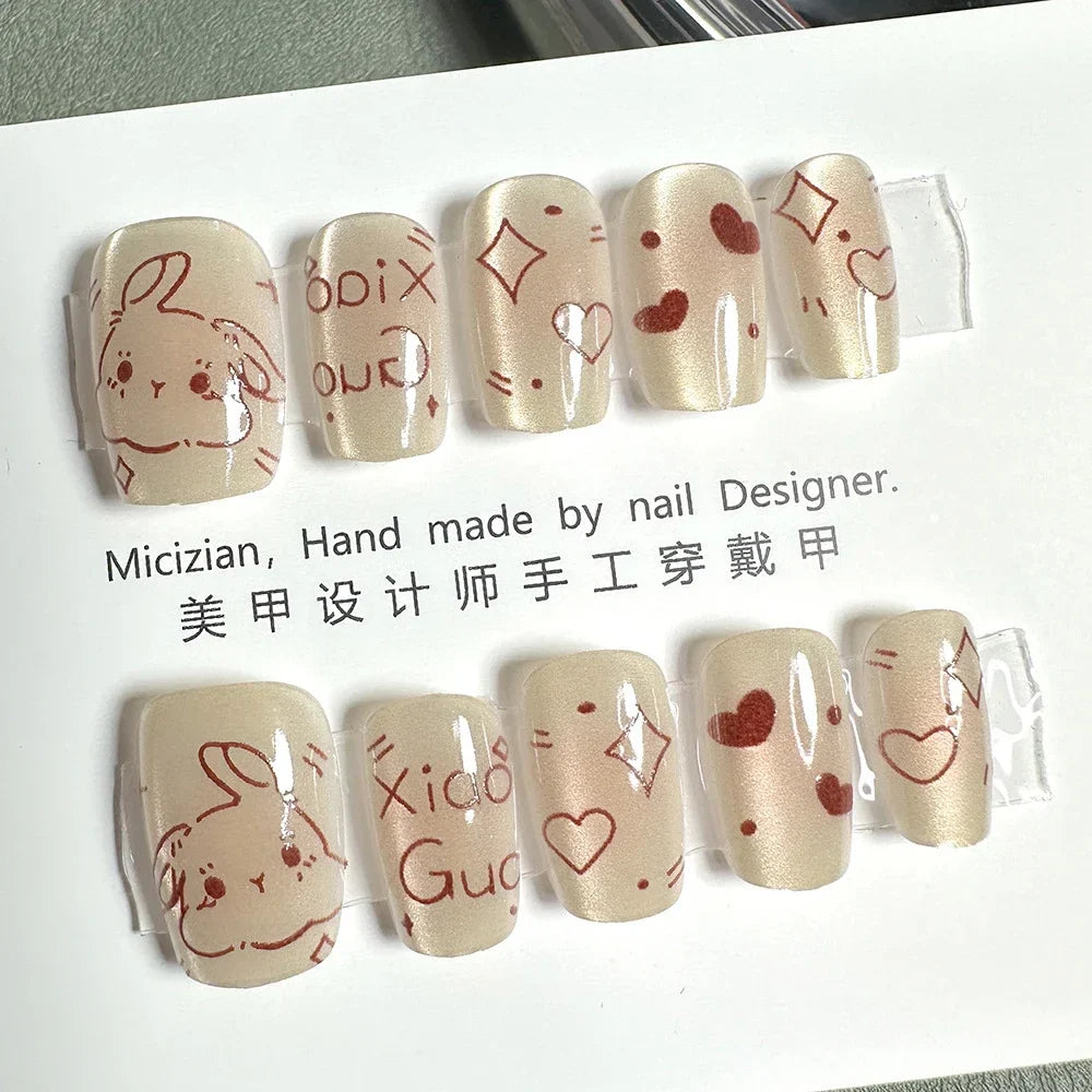10Pcs Wearable Cat Eyes Series Short Square Press On Nails Kawaii Cartoon Cat Rabbit Rhinestone Gradients Full Cover False Nails