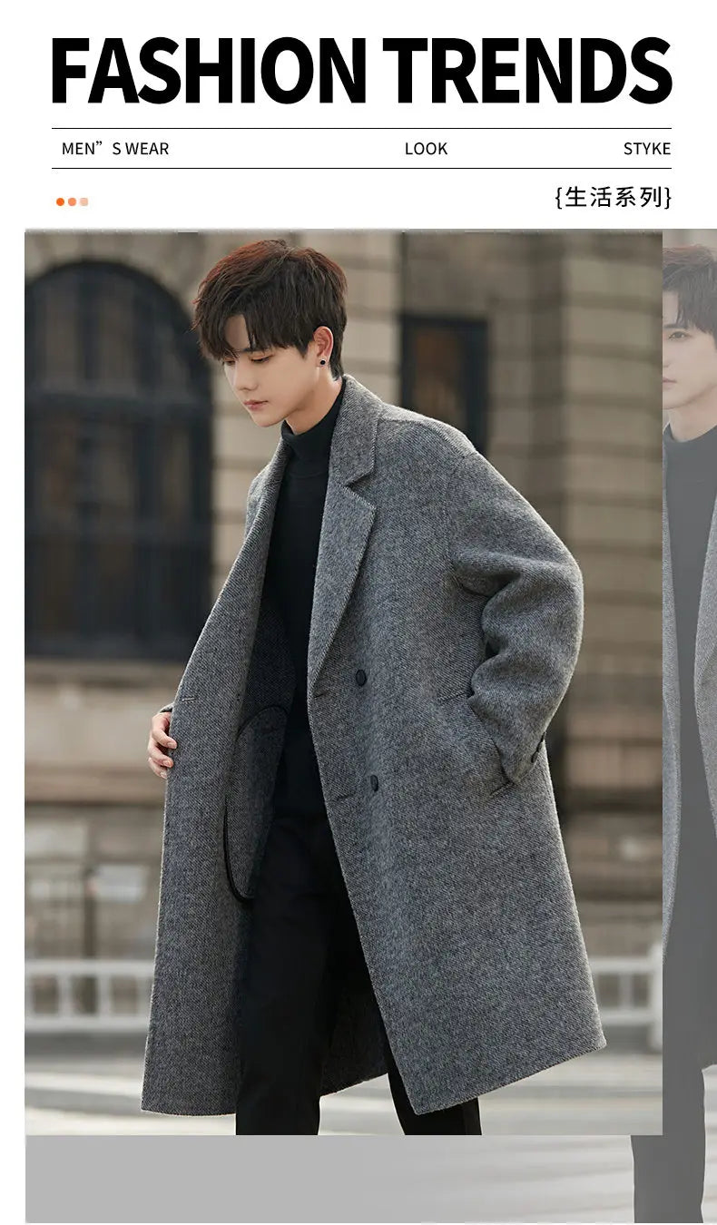 Fall Double Faced Wool Overcoat Loose Collar High End Outerwear Mid Long Length Coat Blends
