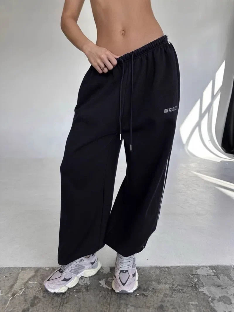 American Black Retro Hip-Hop Oversized Streetwear Casual Sweatpants Loose Jogging Pants High Waist Wide-Leg Pants