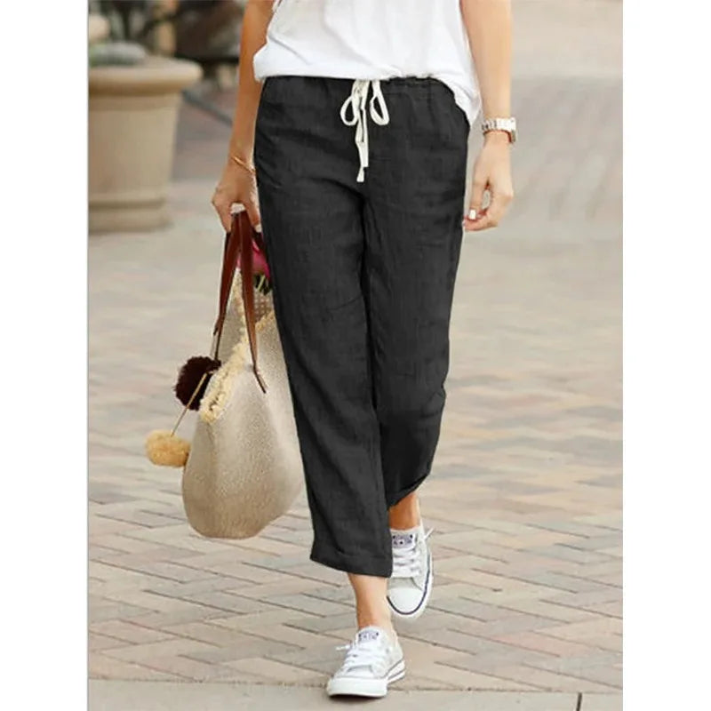 Cotton Pants Y2K Black Drawstring Elastic Waist Casual Pants Loose Elegant Ladies Bottom