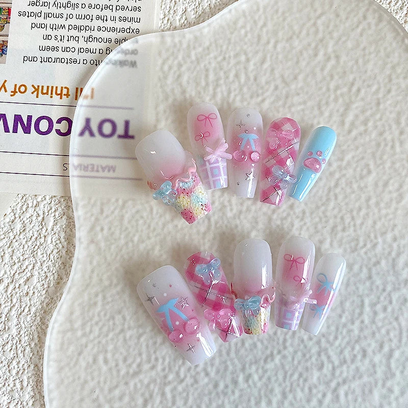 10pcs pure handmade coffin shaped nail art, beautiful fake nails, playful pink white blue nail art, suitable