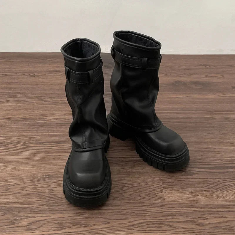 Biker Boots Belt Buckle Ladies Elegant Platform Flats Short Booties Casual Knight Booties
