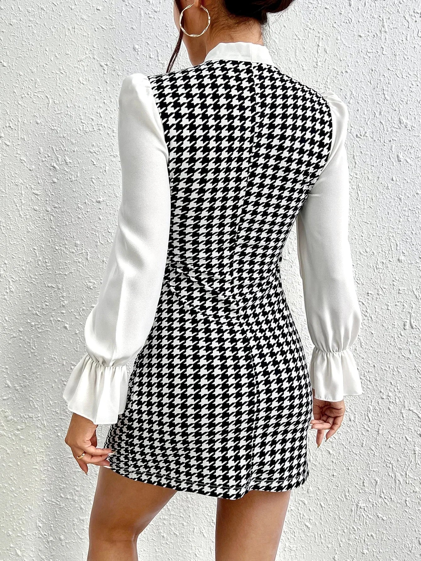 Temperament Color Contrast Print Casual Bow Tie Slim Long-sleeved Dress