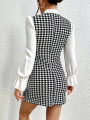 Temperament Color Contrast Print Casual Bow Tie Slim Long-sleeved Dress