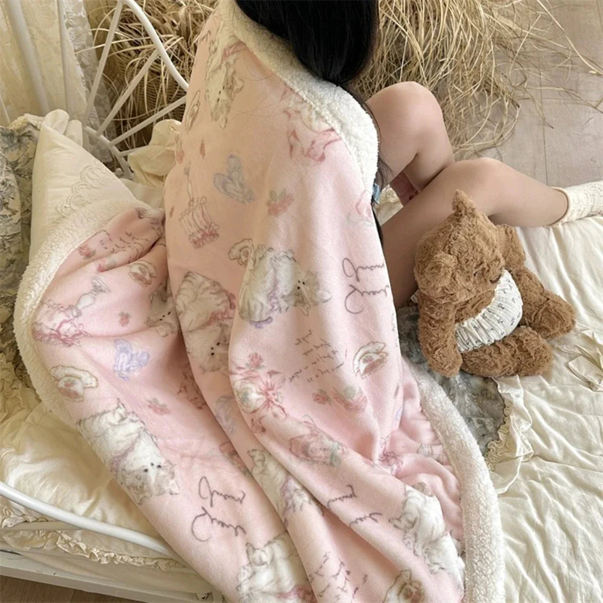 Cute Cat Air Conditioning Blanket Pink Girl Heart Nap Soft Blanket Rest Comfortable Air Conditioning Blanket Girls Gift