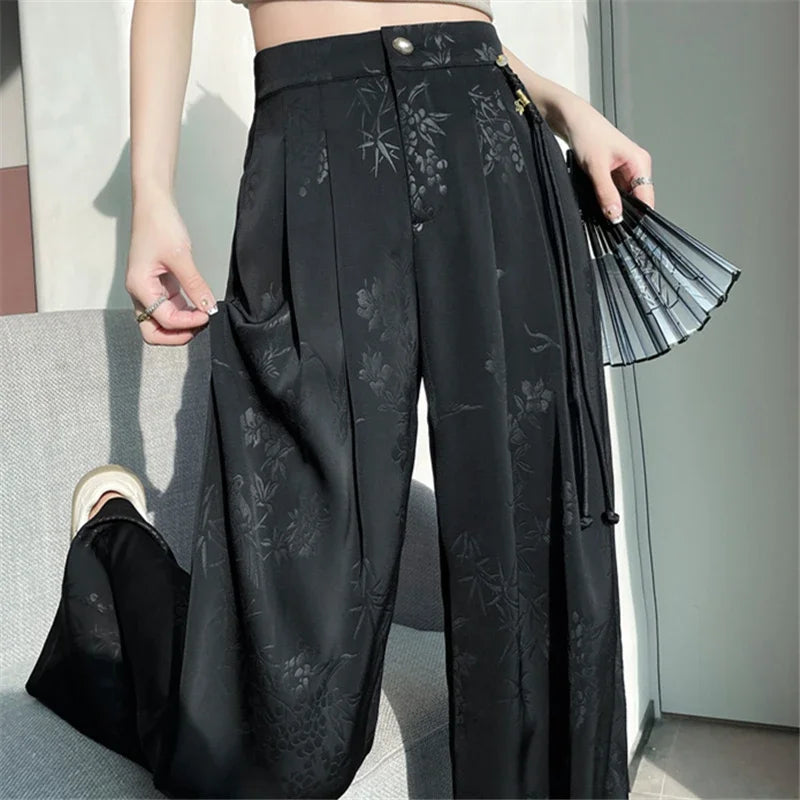Chinese Style Jacquard Wide Leg Satin Pants