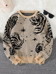 Trendy Street Style Ripped Abstract Starry Sky Pattern Pullover Ripped Sweater Casual Crew Neck Knitted Pullover
