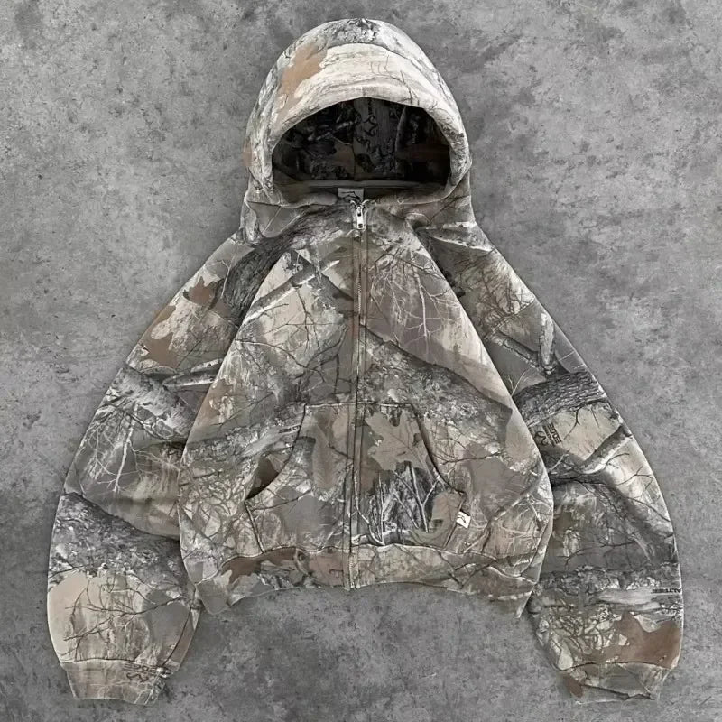 Harajuku Hip-hop Gothic Akimbo Camouflage Leaf Loose Coats Jackets Y2K Retro Couple Casual American Streetwear