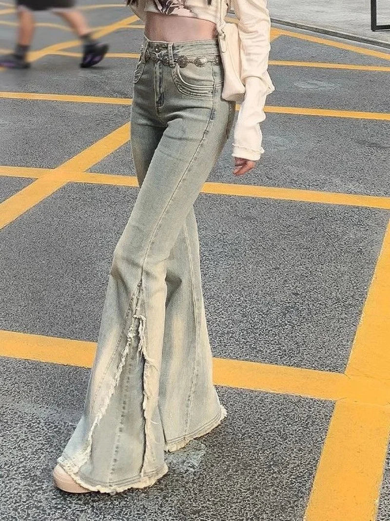 Vintage Blue Jeans High Waist American Retro 90s Raw Material Edge Design Y2k Denim Pants Streetwear Wide Leg Jeans