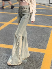 Vintage Blue Jeans High Waist American Retro 90s Raw Material Edge Design Y2k Denim Pants Streetwear Wide Leg Jeans