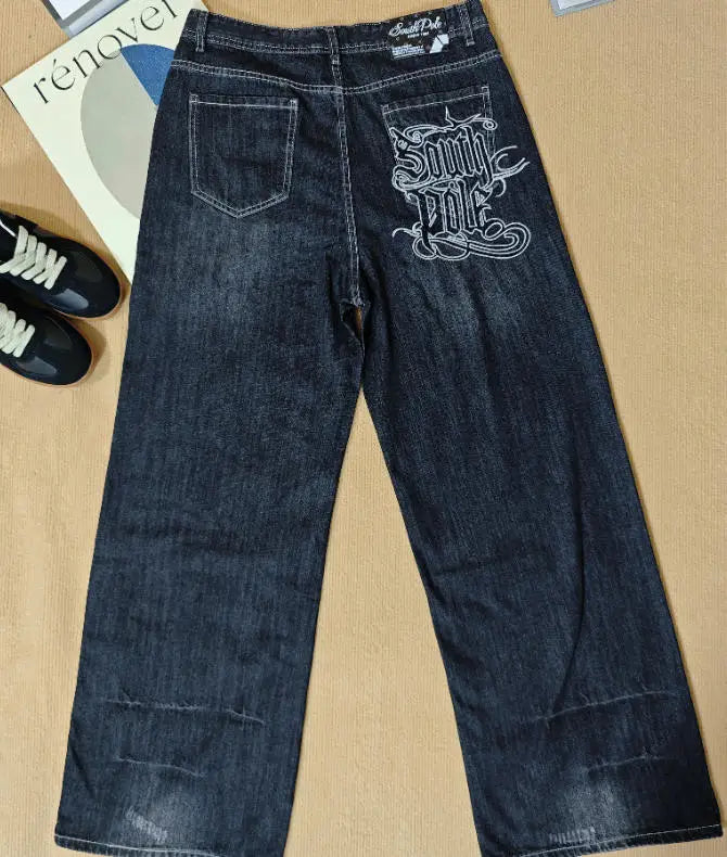 American Y2K Pattern Embroidery Baggy Jeans High Street Vintage Hip Hop Casual Joker Couple Wide-leg Pants