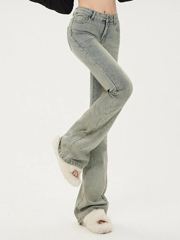 Ins Korean High Waist Flared Jeans High Street Boot Cut Pants Lady Y2k 2000s Yellow Denim Bell Bottom Trousers