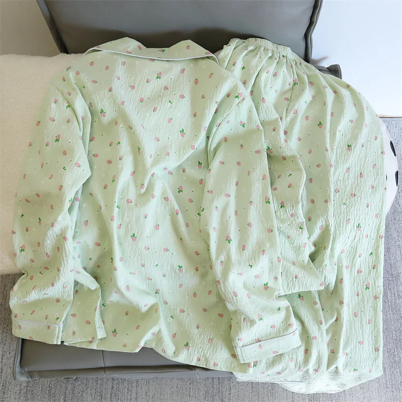 2 PCS Pajama Sleepwear Pajama Set Long Sleeved Pants Suit Peach Print Ventilate Soft Comfortable Home Leisure Home Clothes