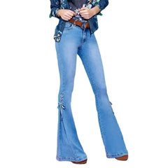 Full Length Flare Pants Jean Washed Denim Pants Zipper Fly Loose Fit Pockets High Waist Basics Lace Up Vintage Solid