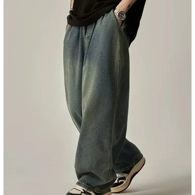 Japanese Vintage Distressed Jeans Loose Straight Leg Bell Bottoms Casual Trousers Trendy Brand High Street Style