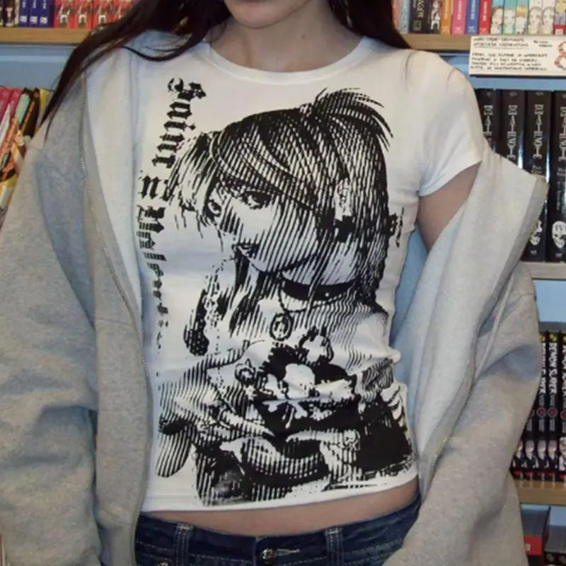 Y2k anime Streetwear O-neck 90s Text Printing Tops Harajuku Clothes Simple Vintage Crop Tee emo Casual T-shirt