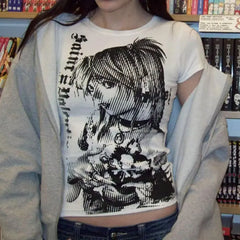 Y2k anime Streetwear O-neck 90s Text Printing Tops Harajuku Clothes Simple Vintage Crop Tee emo Casual T-shirt