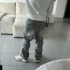 Y2K Retro Gothic Dollar Pattern Embroidered Patchwork Jeans