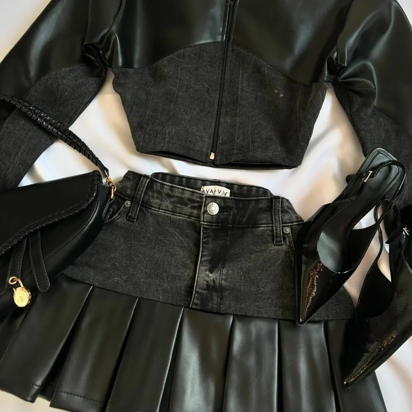 Y2K Black Leather Spliced Denim Two Piece Set Harajuku Zipper Long Sleeved Jacket Pleated Skirt Motorcycle Suit