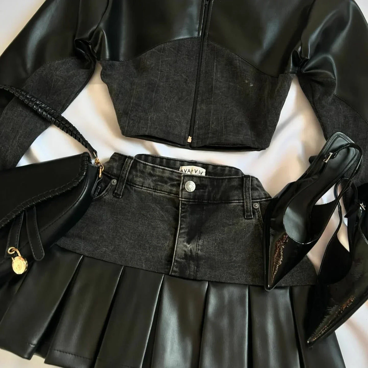 Y2K Black Leather Spliced Denim Two Piece Set Harajuku Zipper Long Sleeved Jacket Pleated Skirt Motorcycle Suit