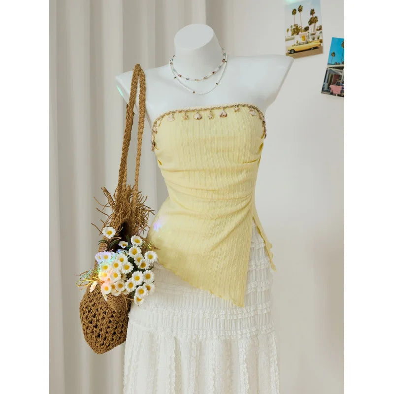 Sweet Yellow Slim Fit Knitted Tube Top With Shell Ribbon Decoration Irregular Pleated Side Slit Casual Vacation Top