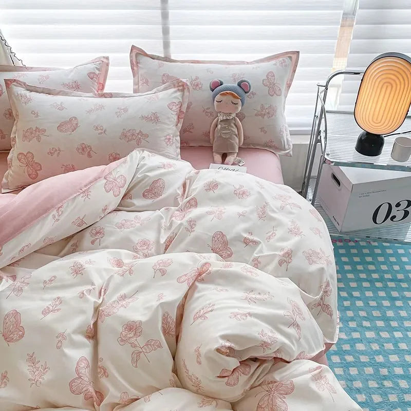 Pink Flowers Duvet Cover Set Ins Single Queen Size Girls Boys Flat Sheet Pillowcase No Filler Home Decor Bedding Set