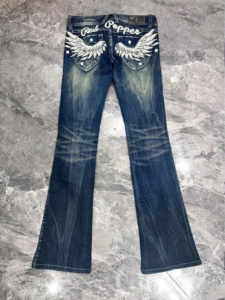 American retro design wing embroidery low waist jeans flared trousers Y2k casual girl pants