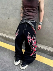 Y2K Street Jeans Harajuku Hip Hop Retro Loose Red Stripe Printing BaggyJeans Pants Gothic Wide Trousers