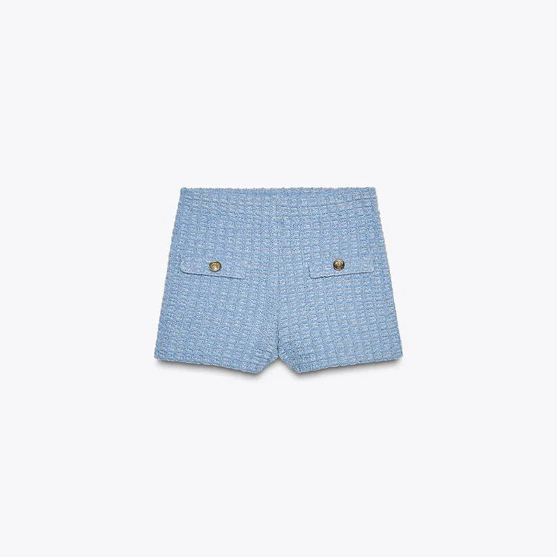 Elegant Knitted Two Pieces Set Single-breasted Tube Top Hip Package Pockets Shorts Casual Lady Suit