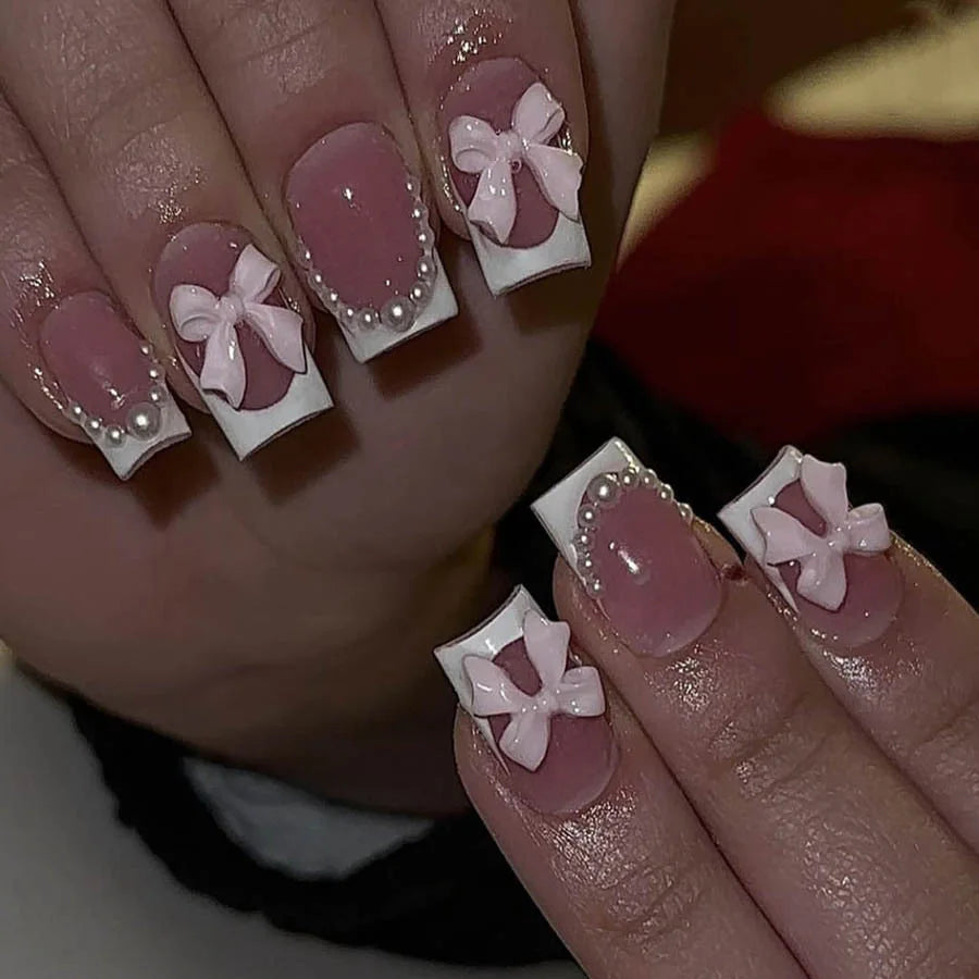 Pipe Nail French Stereo Bear Bow Pearl Manicure Fake Nails