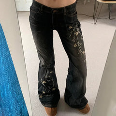 Floral Embroidery Jeans Vintage 2000s Low Rise Flared Jeans Retro Y2k Baggy Denim Pants High Street Basic Trousers
