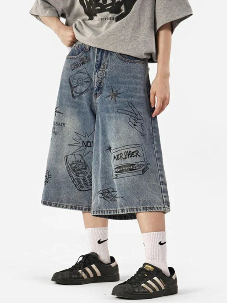 Y2k Style Baggy Denim Shorts Wide Leg Short Pants High Waisted Dark Wash Knee Length Loose Unisex Jeans Casual