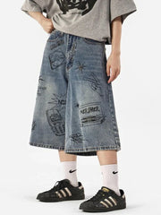 Y2k Style Baggy Denim Shorts Wide Leg Short Pants High Waisted Dark Wash Knee Length Loose Unisex Jeans Casual