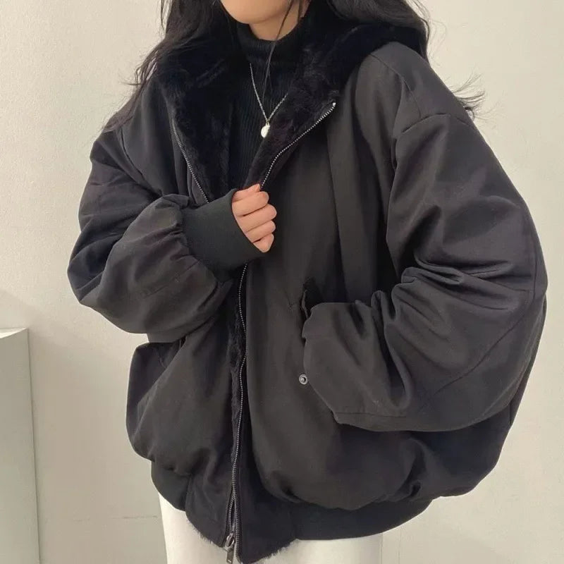 Korean Style Fleece-lined Thickened Double-sided Wear Lamb Wool Cotton-padded Coat Clothing Loose-fit Hooded Top