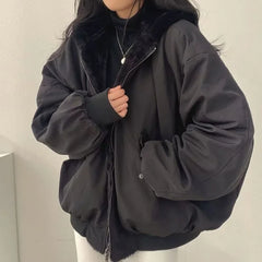 Korean Style Fleece-lined Thickened Double-sided Wear Lamb Wool Cotton-padded Coat Clothing Loose-fit Hooded Top