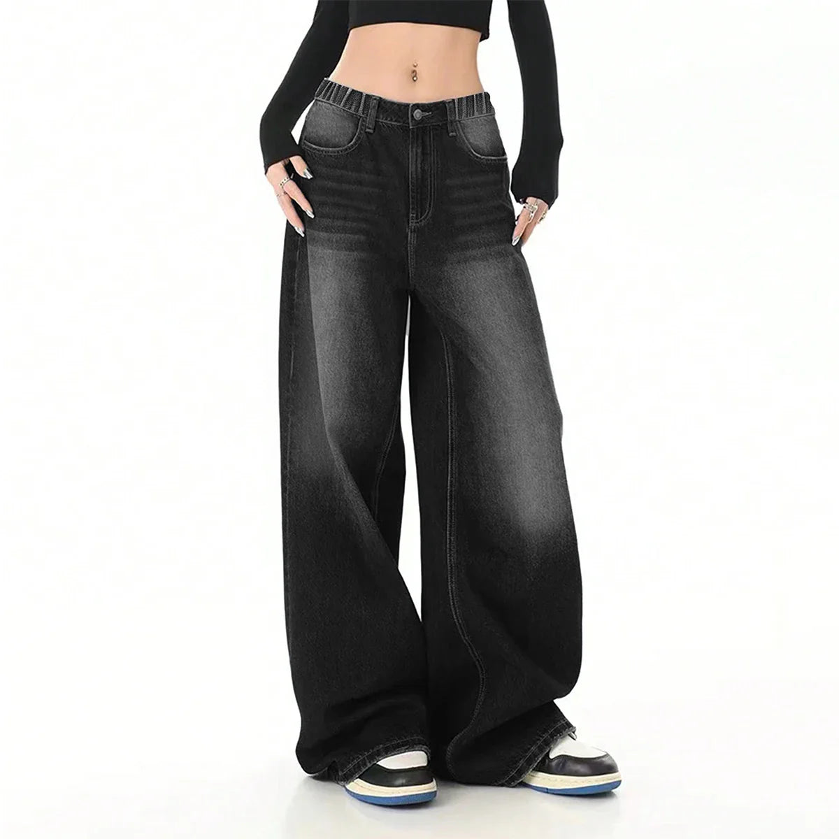 Vintage black washed loose straight-leg jeans