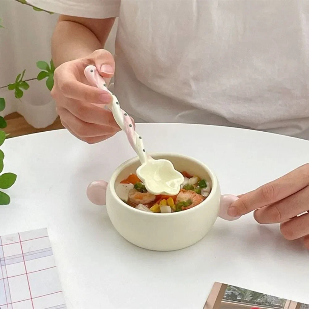 Ceramics Long Handled Spoon Instagram Style Household Stirring Spoon Hand Painted Flower Shaped Coffee Spoon
