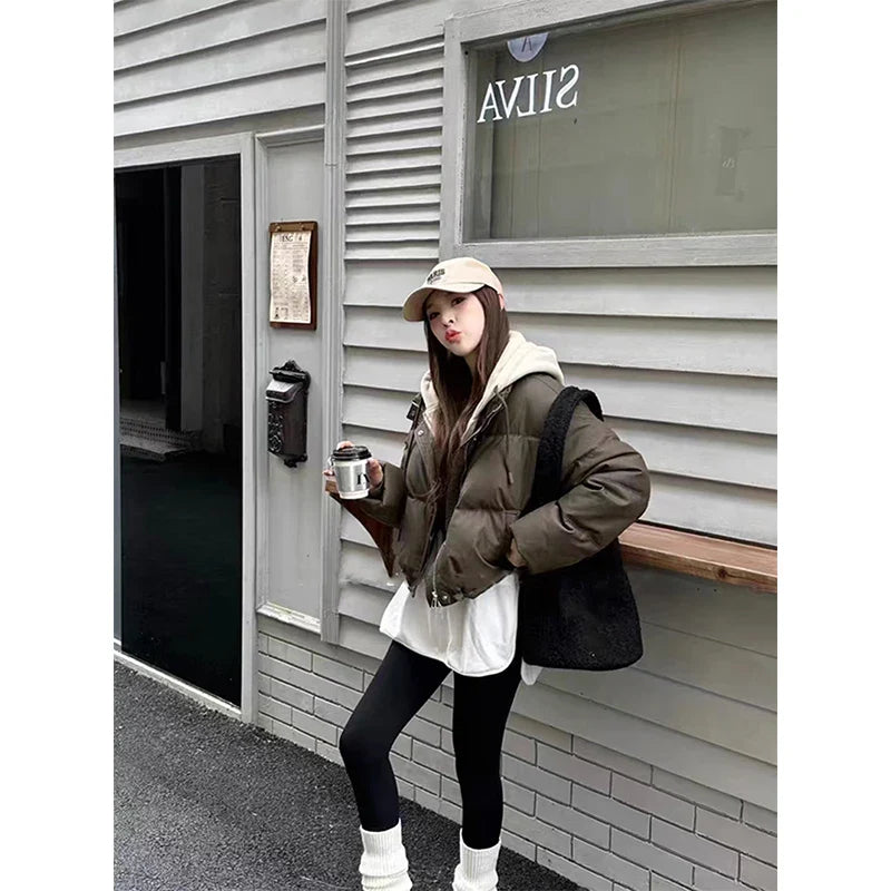 Hooded Short Parkas Black Patchwork Puffer Jacket Streetwear Down Coats Korean Cotton Padded Outerwears New