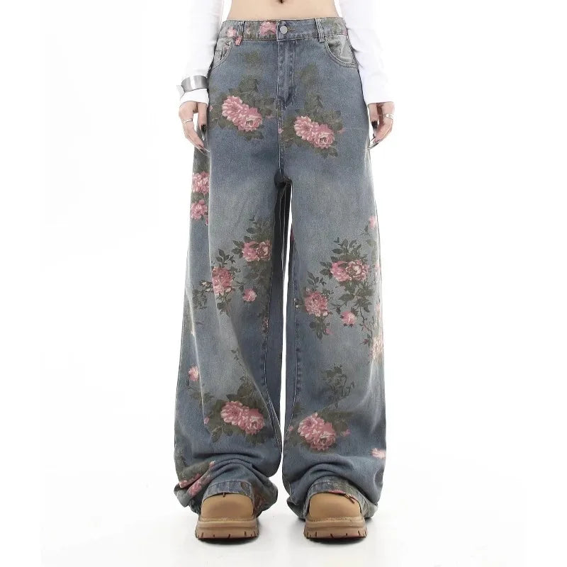 Blue Flower Baggy Jeans Y2K Japanese Harajuku High Street High Waist Wide Leg Retro Jeans Clothing