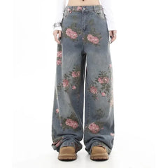 Blue Flower Baggy Jeans Y2K Japanese Harajuku High Street High Waist Wide Leg Retro Jeans Clothing